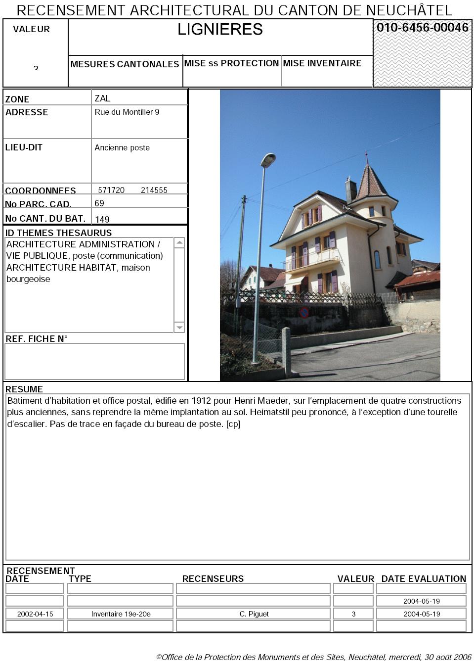 Recensement architectural du canton de Neuchâtel: Fiche 010-6456-00046
