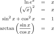 Mathematical identities used in the following program