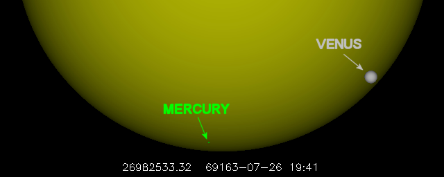 Simultaneous transit of Mercury and Venus seen from Earth, JD 26982533.32, 69163-07-26 19:41