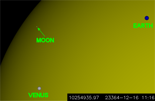 Simultaneous transit of Venus, Earth, and Moon seen from Saturn, JD 10254935.97, 23364-12-16 11:16