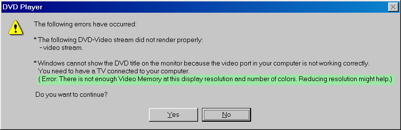 DVD Display Memory Warning Dialogue