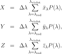 CIE colour matching functions for X, Y, Z