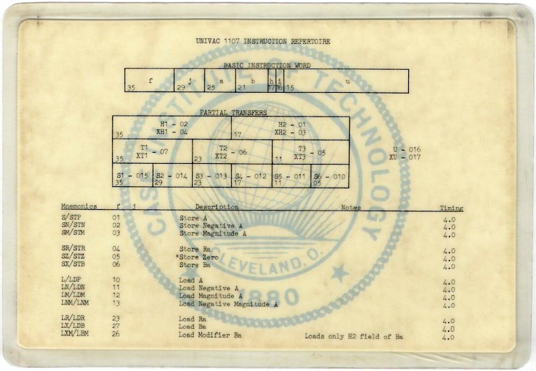 Case UNIVAC 1107 Code Card 1 of 2, front side