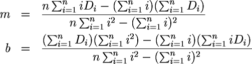 m = \frac{n\sum_{i=1}^{n} i D_i-(\sum_{i=1}^{n} i)(\sum_{i=1}^{n} D_i)}{n\sum_{i=1}^{n} i^2-(\sum_{i=1}^{n} i)^2}, b = \frac{(\sum_{i=1}^{n} D_i)(\sum_{i=1}^{n} i^2)-(\sum_{i=1}^{n} i)(\sum_{i=1}^{n} i D_i)}{n\sum_{i=1}^{n} i^2-(\sum_{i=1}^{n} i)^2}