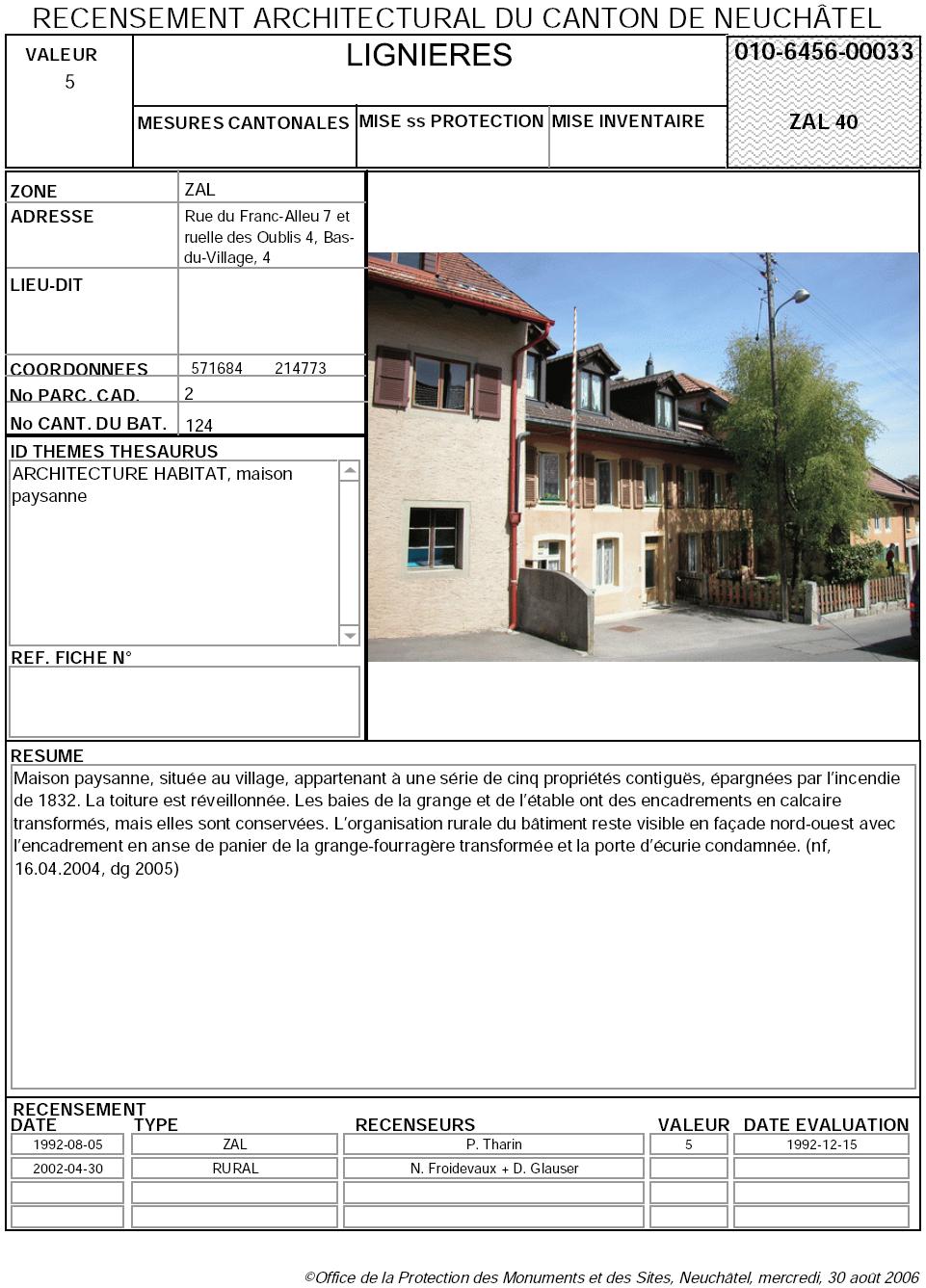 Recensement architectural du canton de Neuchâtel: Fiche 010-6456-00033