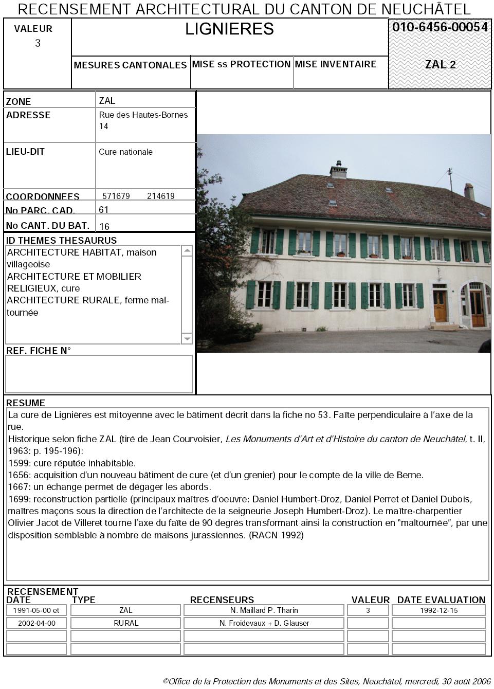 Recensement architectural du canton de Neuchâtel: Fiche 010-6456-00054