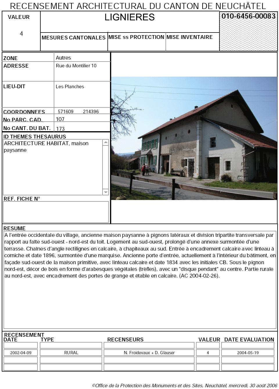 Recensement architectural du canton de Neuchâtel: Fiche 010-6456-00083