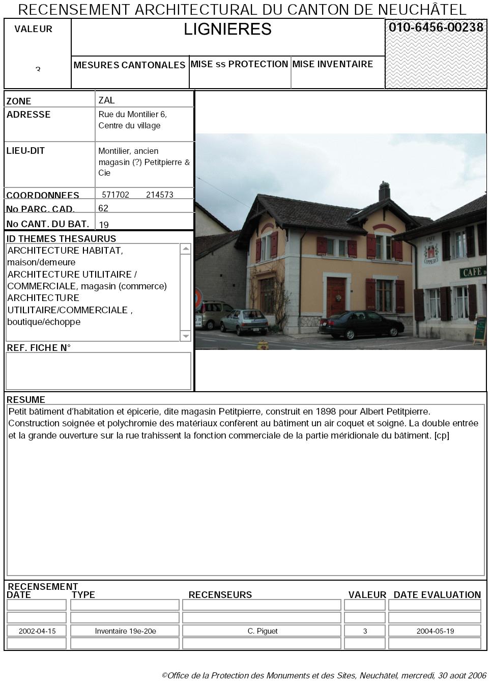 Recensement architectural du canton de Neuchâtel: Fiche 010-6456-00238