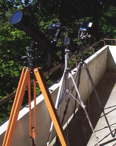 Cameras on tripods on balcony